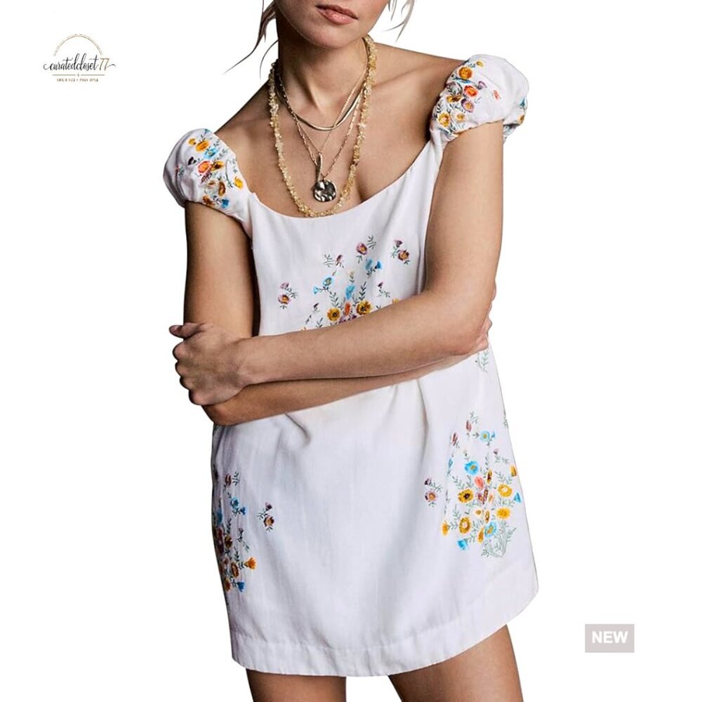 Floral Embroidered Linen Mini Dress Sleeveless Casual Wedding Guest